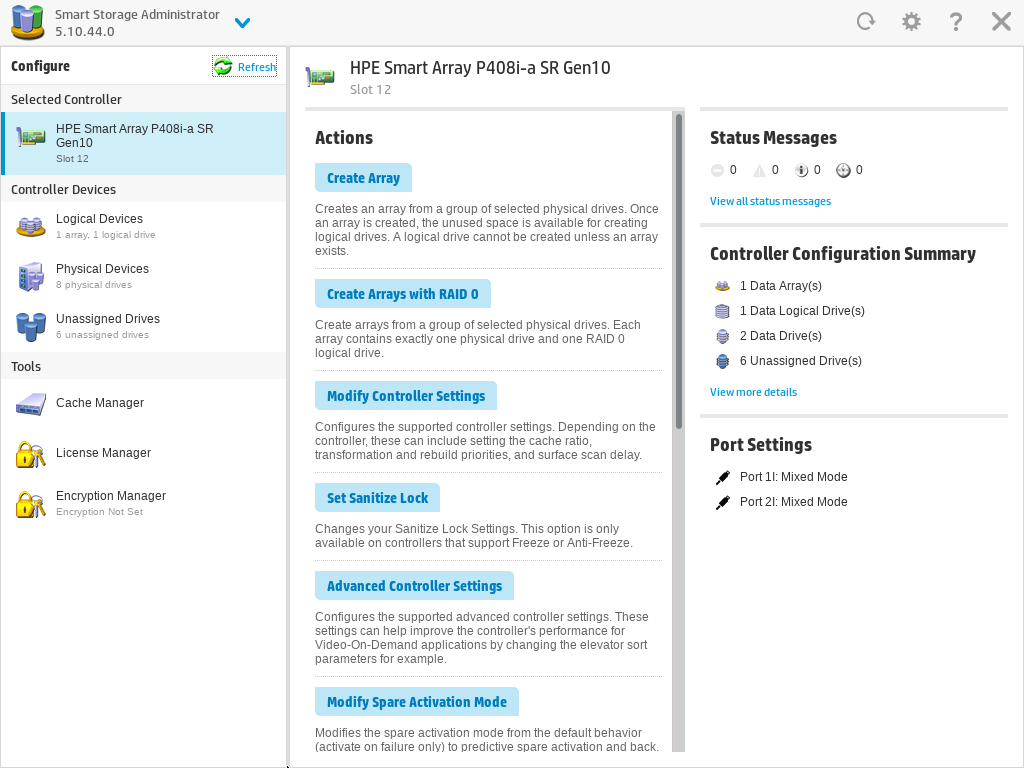 Smart Storage Administrator sloužící ke konfiguraci diskových polí